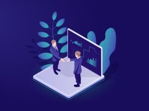 Business automated analytic system isometric icon, businessman hold a meeting, strategy formulation, chart analysis and trading, virtual graphics vector neon